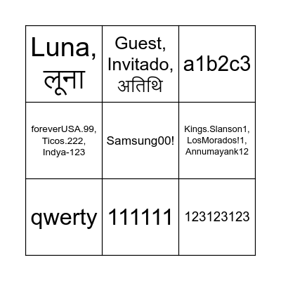 Password Bingo 2023 Bingo Card