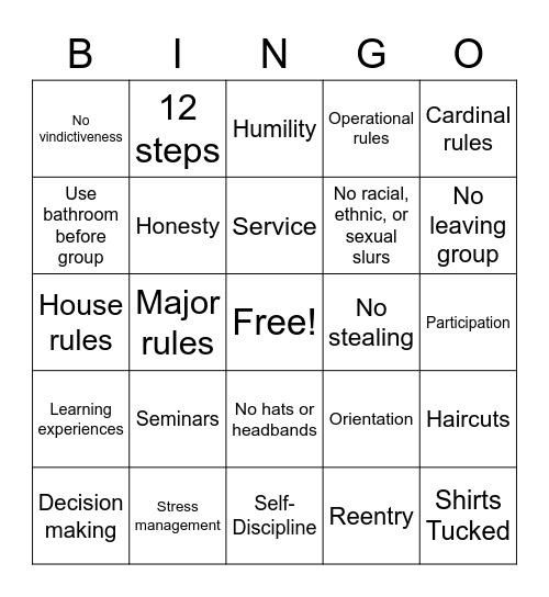 Orientation Bingo Card