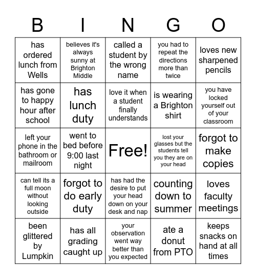 Teacher Bingo Card