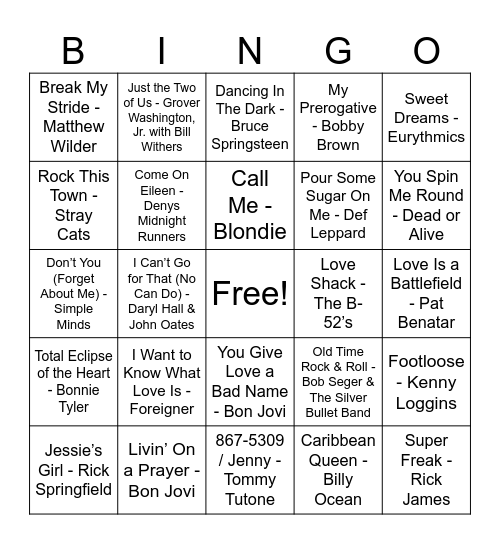 80s Bingo Card