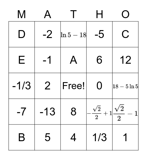 Properties, Indefinite, & Definite Integrals Bingo Card