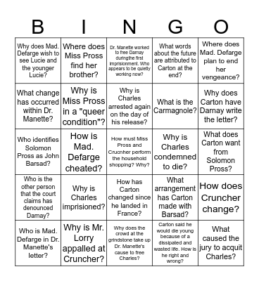 Tale of Two Cities Bingo Card