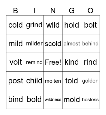 -ild -old -ost -ind Bingo Card