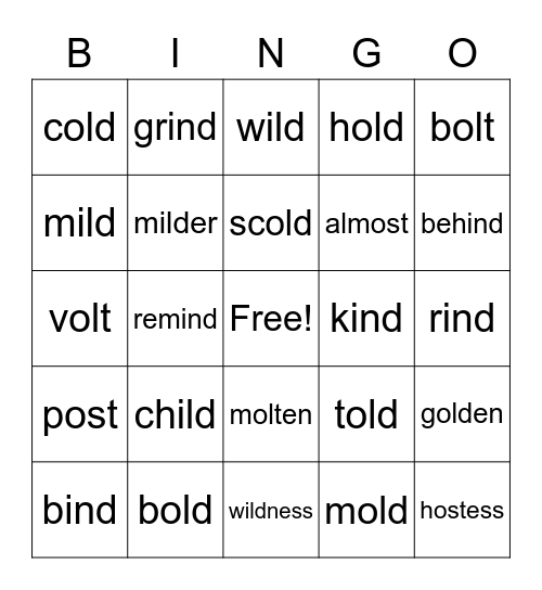 -ild -old -ost -ind Bingo Card