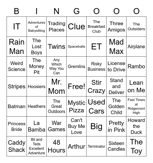 80's Movies Bingo Card