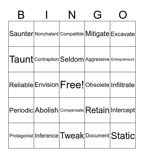 Vocabulary Review Bingo Card