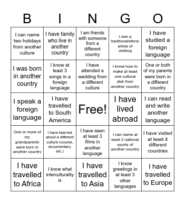 Interculturality Bingo Card