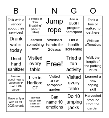 ULGH Wellness Wednesday Bingo Card