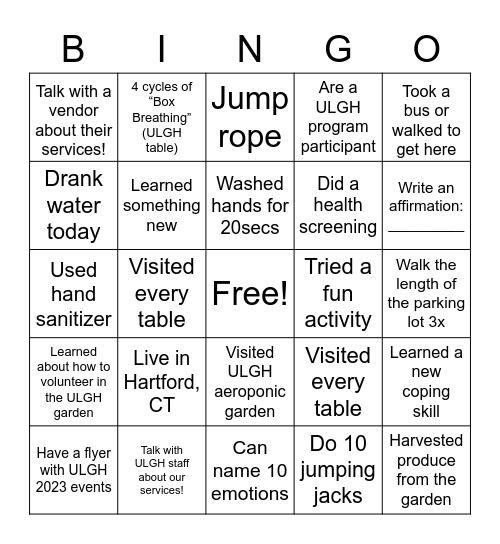 ULGH Wellness Wednesday Bingo Card