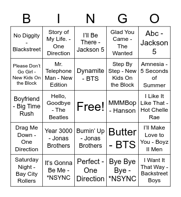 Boy Band Bingo Card