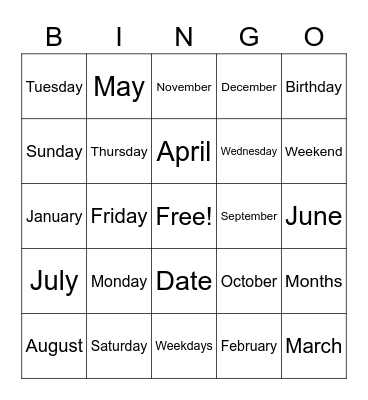 DATE and DAY Bingo Card