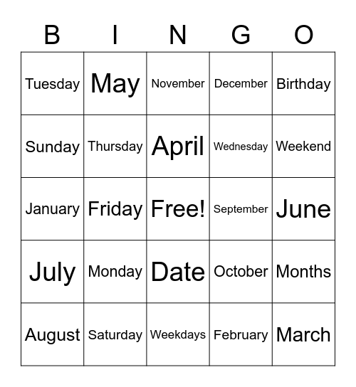 DATE and DAY Bingo Card