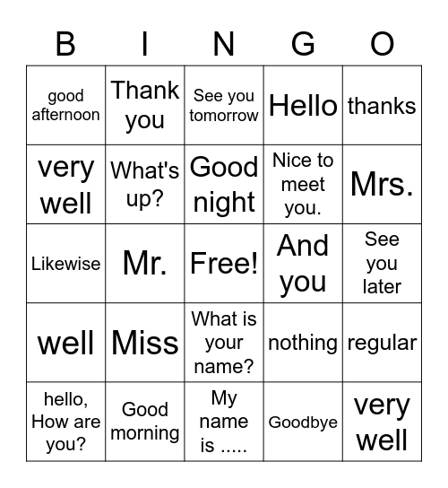 Greetings and Farewells Bingo Card