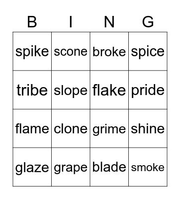 silent e with consonant blends Bingo Card