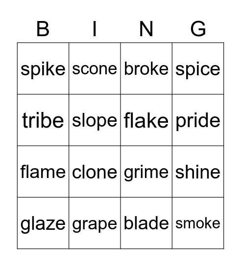 silent e with consonant blends Bingo Card