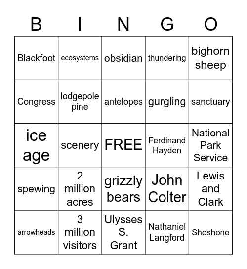 Preserving Yellowstone Bingo Card