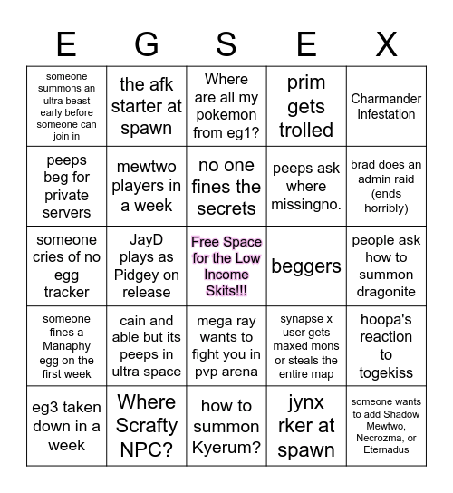 EG3 Release Bingo Card