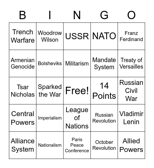 WWI/Russian Revolution Bingo Card