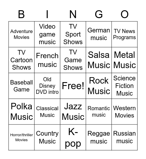 Music Genres Bingo Card