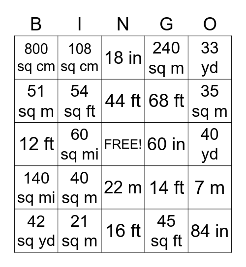 Area & Perimeter Bingo Card