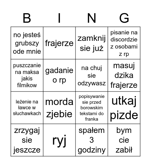 bingo pytlarzowskie Bingo Card