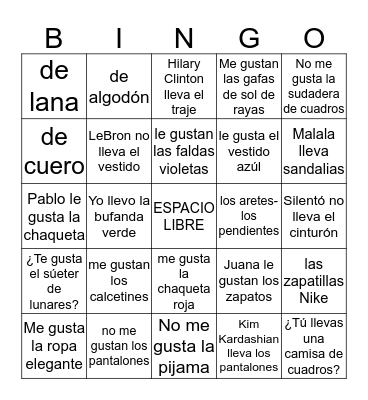 Wearing clothing and likes/dislikes Bingo Card