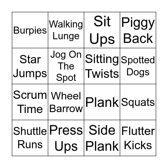 Hornettes Fitness Bingo Card