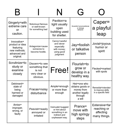 Vocabulary #1 Bingo Card