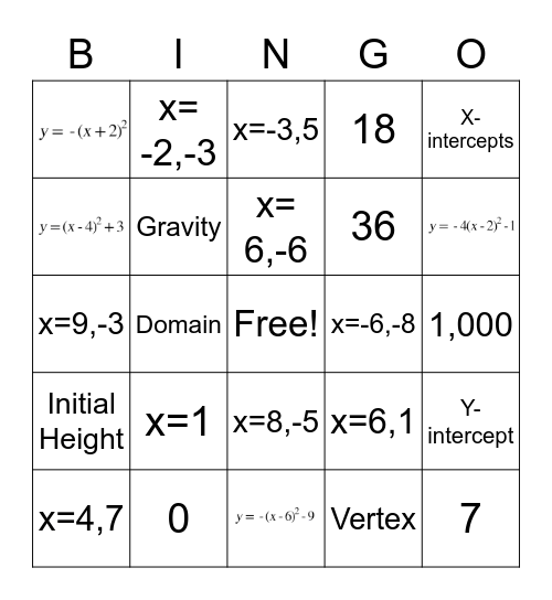 Algebra Unit 7 Quadratics Bingo Card