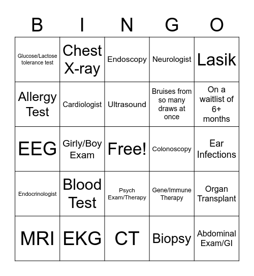 Medical Procedure Bingo Card