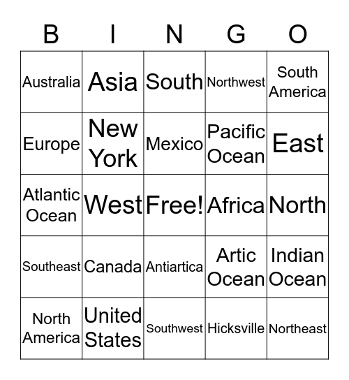 North America- mapping Bingo Card