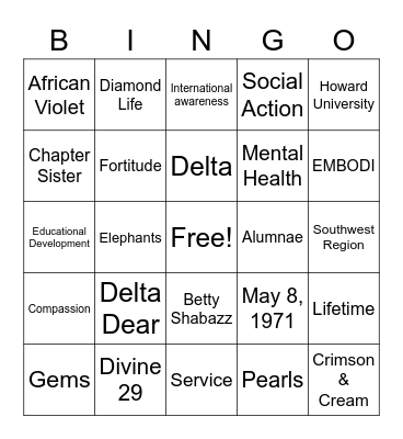 Sisterhood Bingo Card