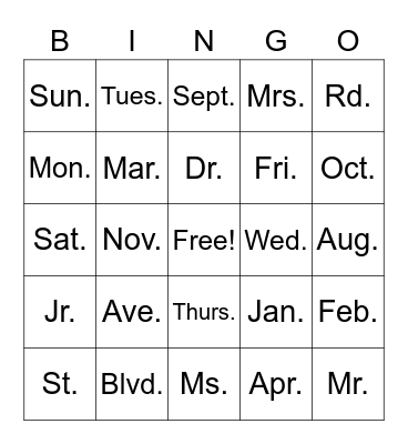 Abbreviation List Bingo Card