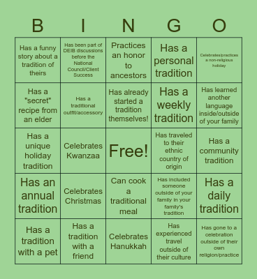 Family Traditions Bingo Card