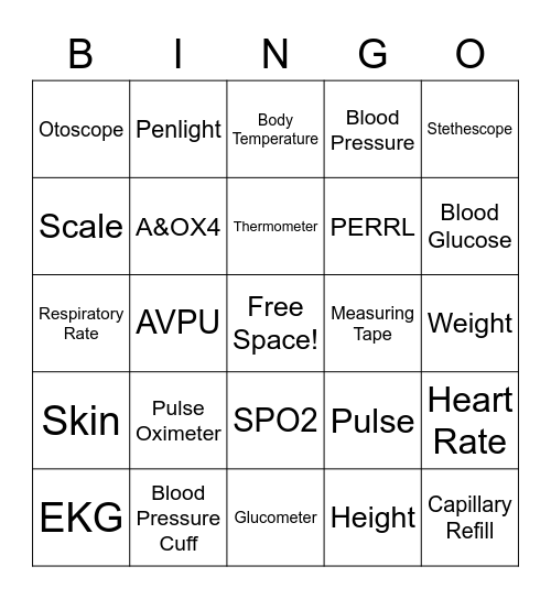 Vital Sign Bingo Card