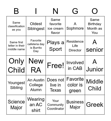 Res Life Bingo Card
