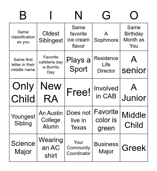 Res Life Bingo Card