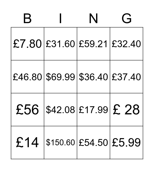 Prices Bingo Card