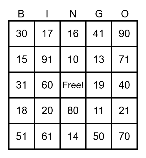 Teen Number Extreme Bingo Card