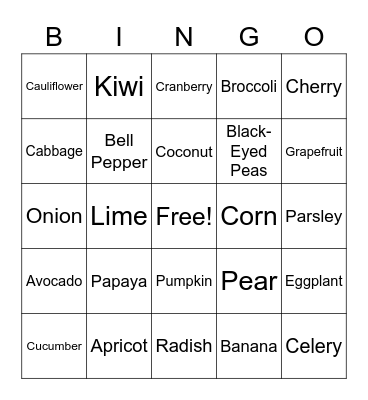 Fruits and Vegetables Bingo Card