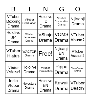 VTuber Drama Bingo Card
