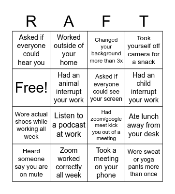 Virtual Bingo-RAFT Coaching Bingo Card