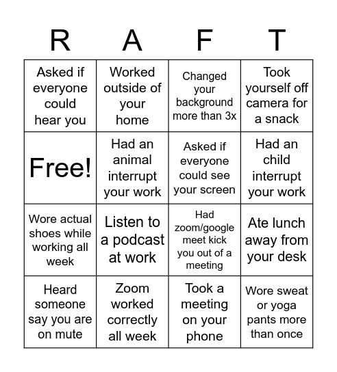 Virtual Bingo-RAFT Coaching Bingo Card