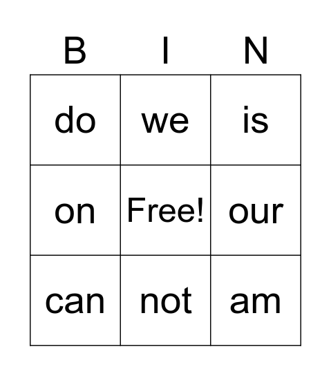 Sight words Bingo Card