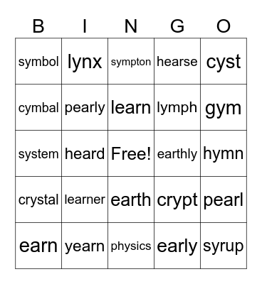y as short i, ear Bingo Card