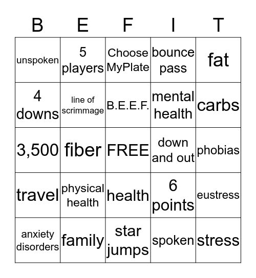 PE/HEALTH Bingo Card