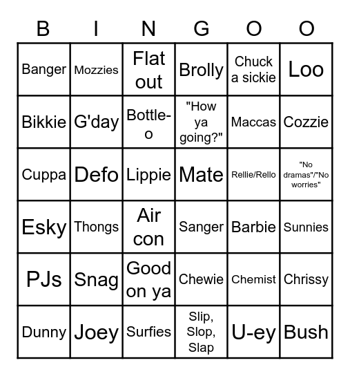 Aussie Slang Bingo Card