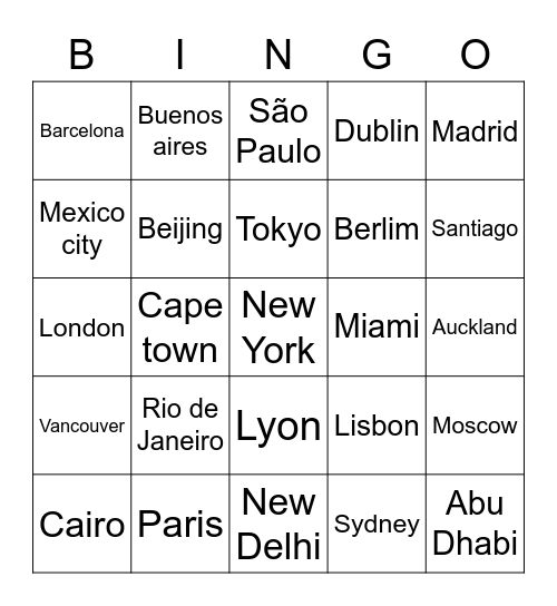 world cities Bingo Card