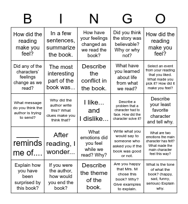 Reader Response BINGO Card