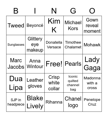 2023 Met Gala Bingo Card
